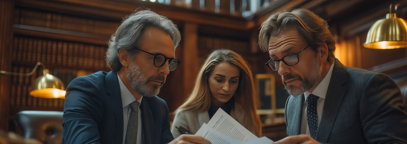 Three lawyers reviewing legal documents together in a traditional law library.