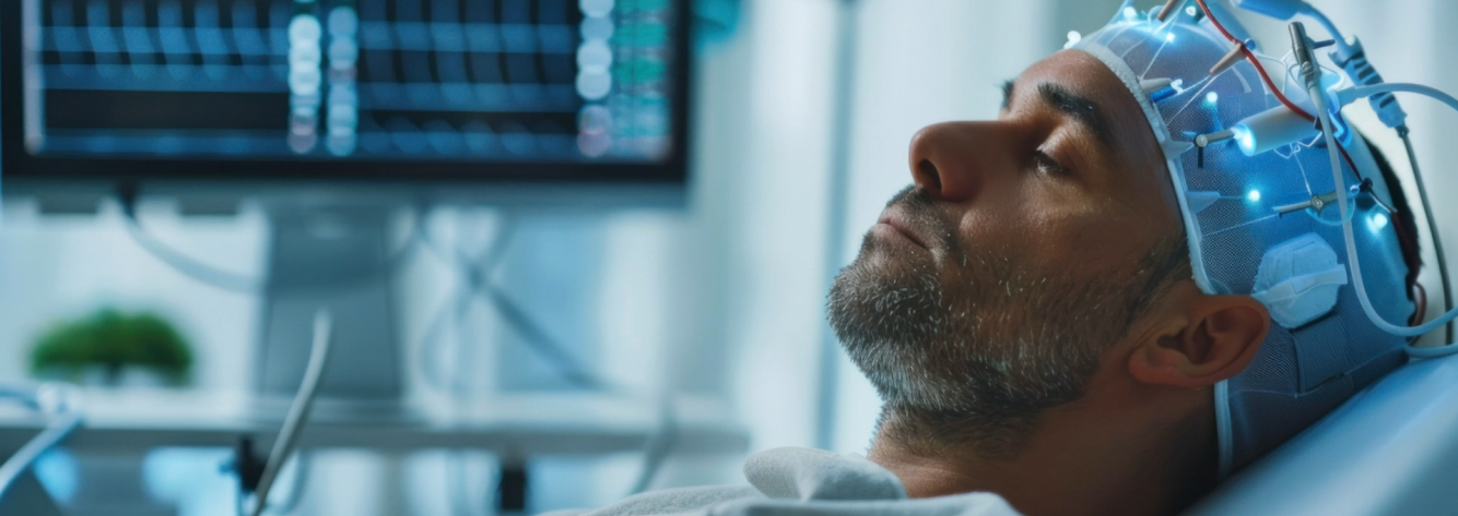Man is lying in a hospital bed, undergoing brain monitoring with sensors attached to his head.