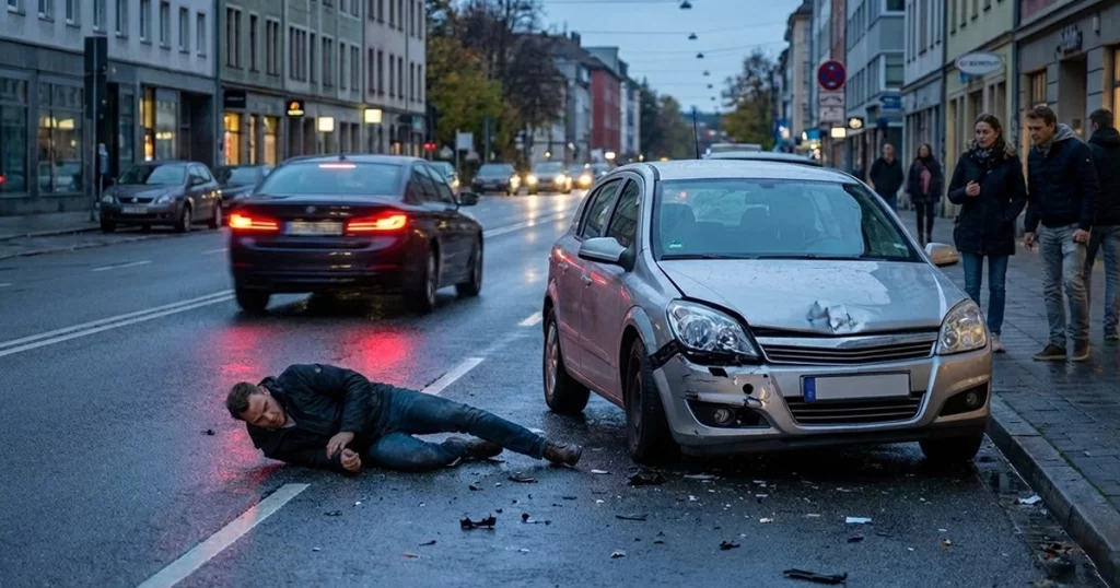 Man injured on wet road after car accident in city traffic.