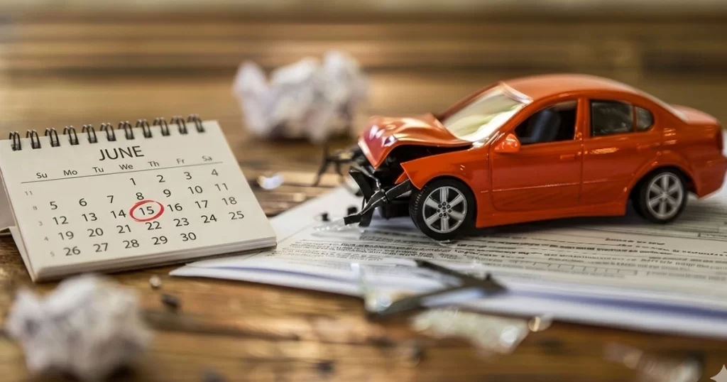 Toy car crash beside calendar and insurance documents on desk.