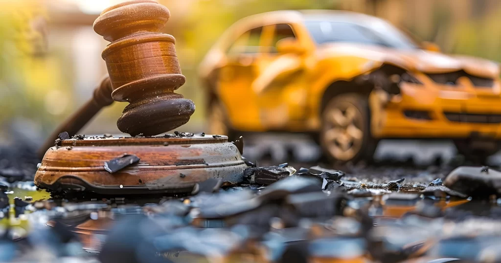 Gavel on broken glass with crashed car behind.