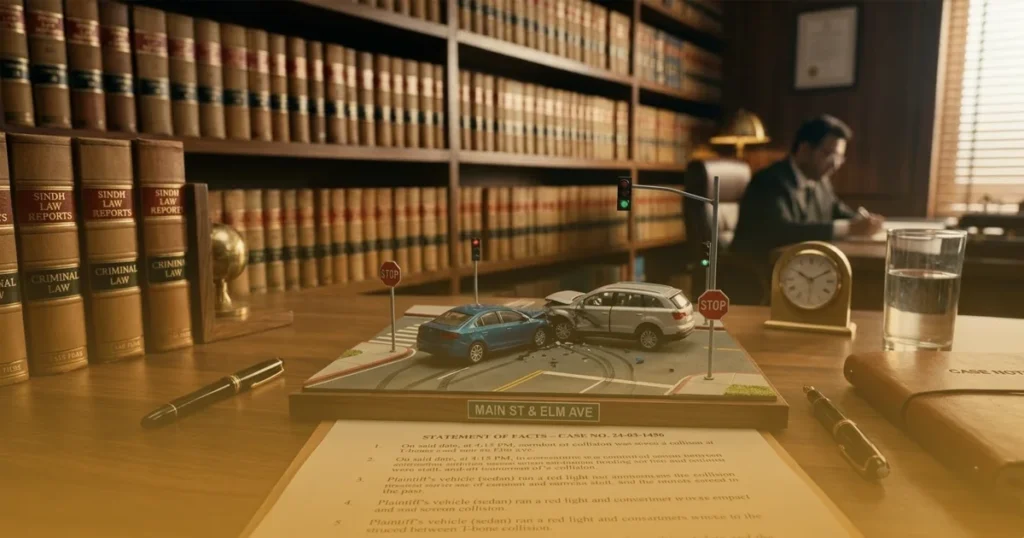 A detailed 3D accident reconstruction model of a T-bone collision on a legal desk next to a "Statement of Facts" document.