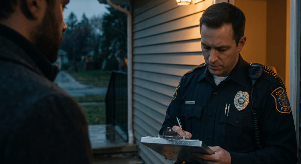 A The officer is looking down and taking notes on a clipboard while speaking to a man whose back and shoulder are visible in the foreground.