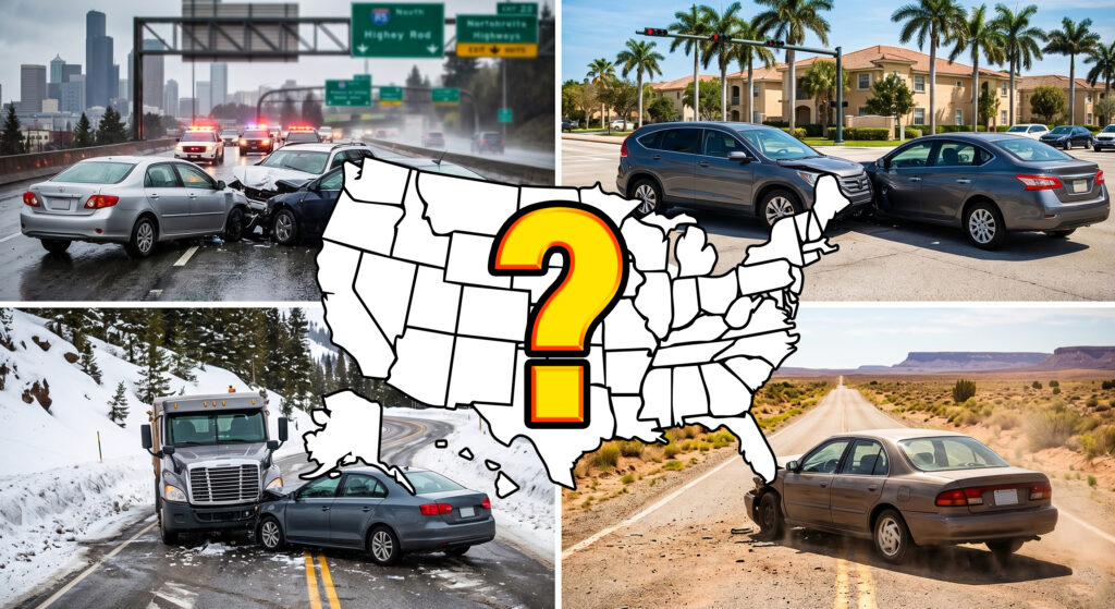 A collage of four car accidents occurring in different environments a rainy city highway, a sunny tropical intersection, a snowy mountain road, and a desert highway. A white outline map of the United States featuring a large yellow question mark is superimposed in the center.