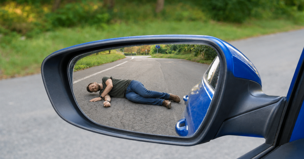 Blue car side mirror reflecting a man lying on the road behind.