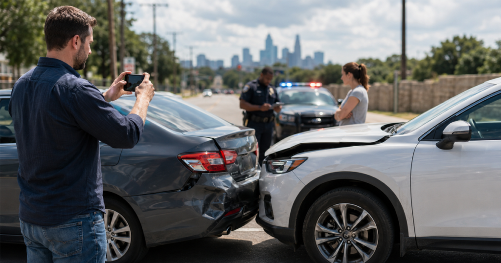 Rear-end collision scene on a city street with two damaged cars, a man taking photos, and police responding.