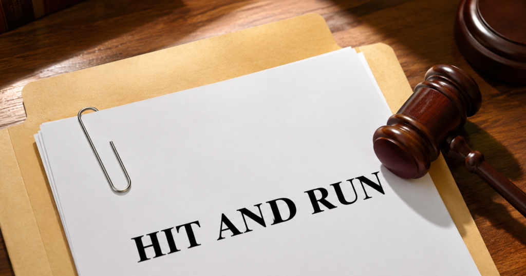 Gavel beside a legal document labeled “Hit and Run” on a wooden desk.