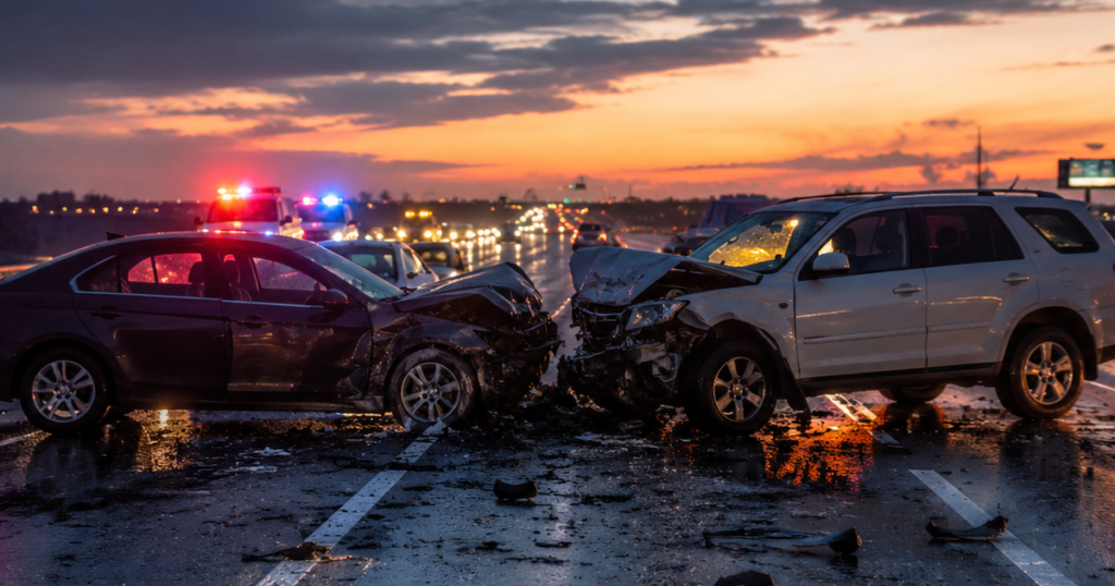 Head-on collision between a sedan and SUV on a wet highway at dusk, with emergency lights in the background.