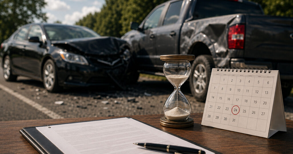 Blurred car crash scene with an hourglass, calendar, and paperwork in the foreground.