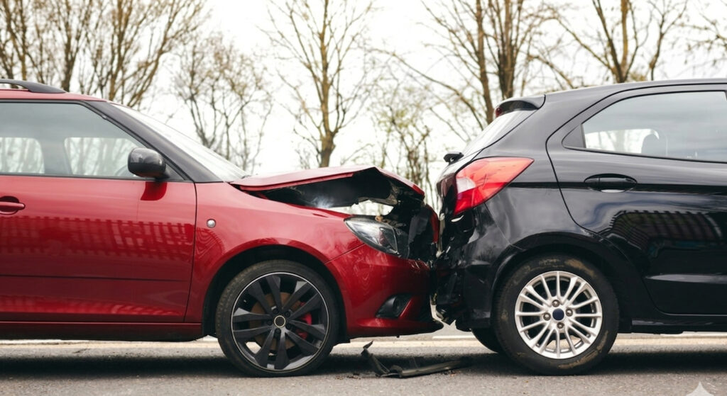 Red car involved in a rear-end collision with a black vehicle.