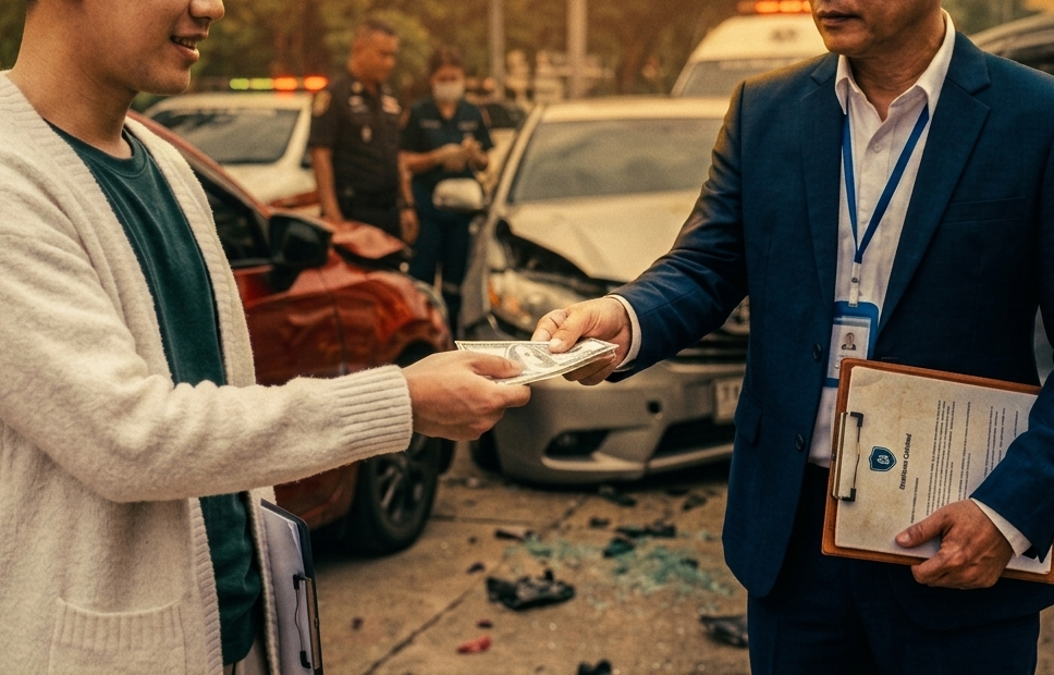 A person hands cash to a man in a formal suit holding a clipboard at the scene of a car accident, with police officers in the background.