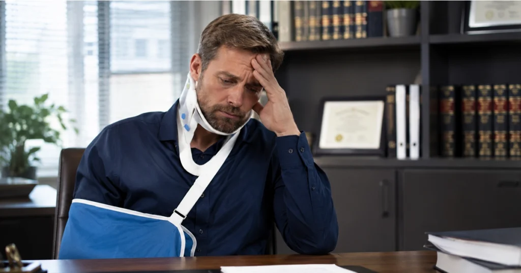 An injured man wearing an arm sling sits distressed in a law office.