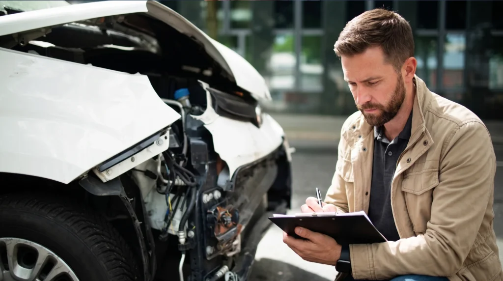 A man writing on a clipboard while inspecting a heavily damaged white car.